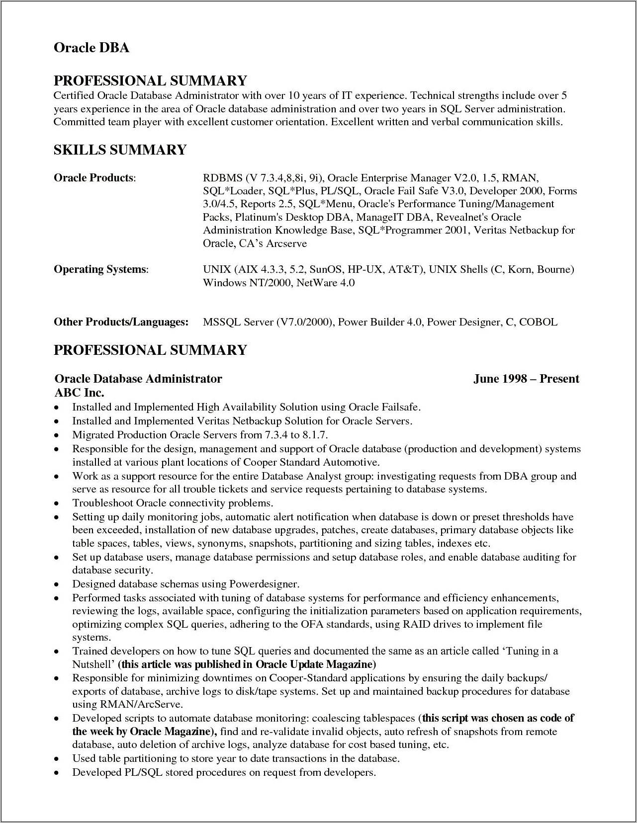 Sql Server Dba Resume For 10 Years Experience
