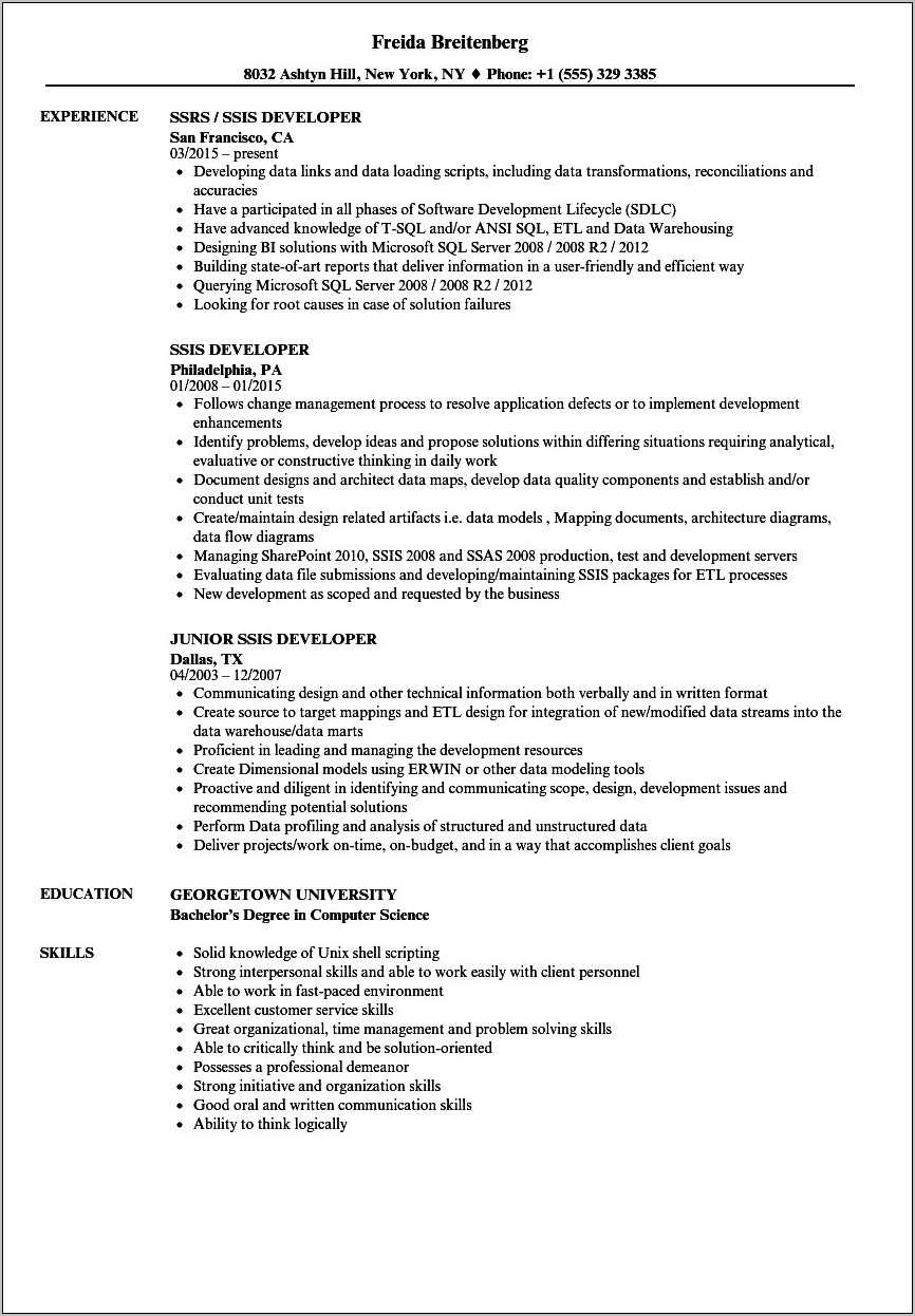 Ssis Resume For 1 Year Experience