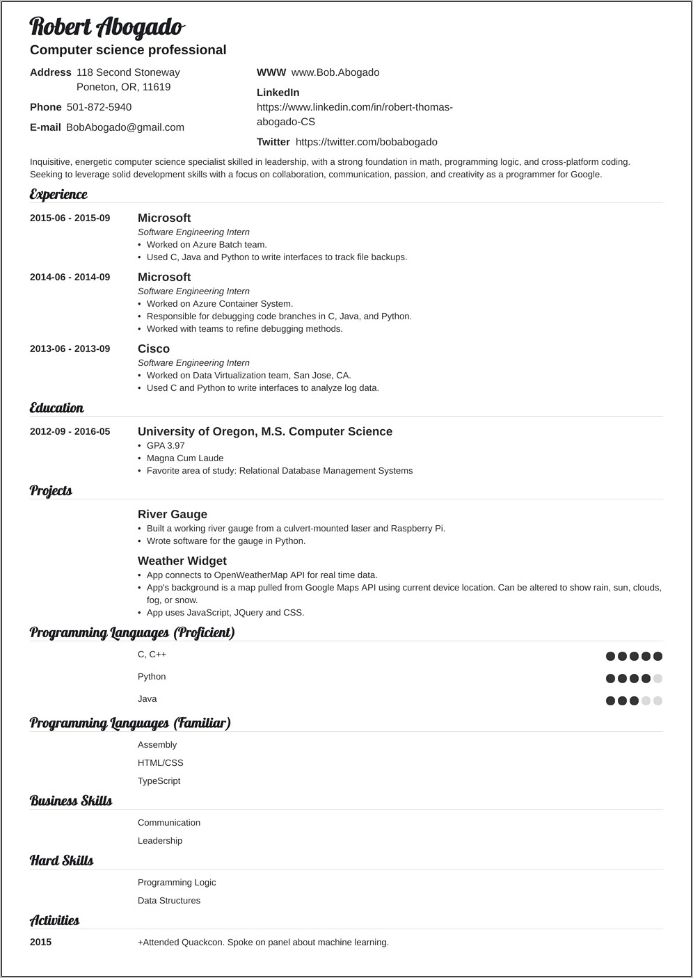 Standard For Adding School Projects Computer Science Resume