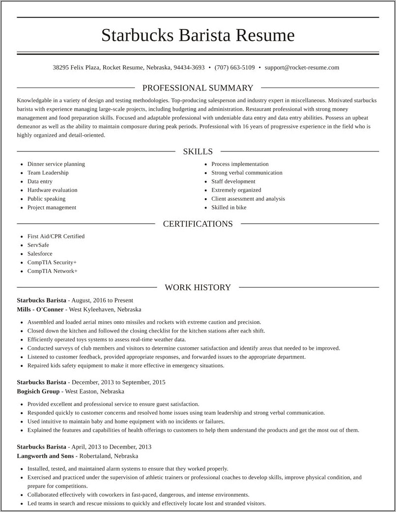 Starbucks Barista Job Description For Resume