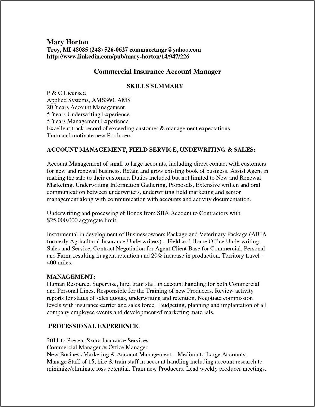 State Farm Insurance Office Manager Resume