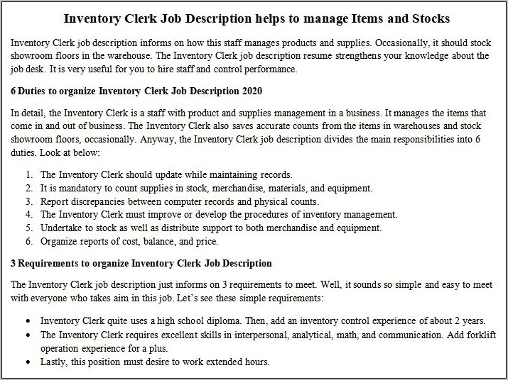 Stock Clerk Job Description For Resume