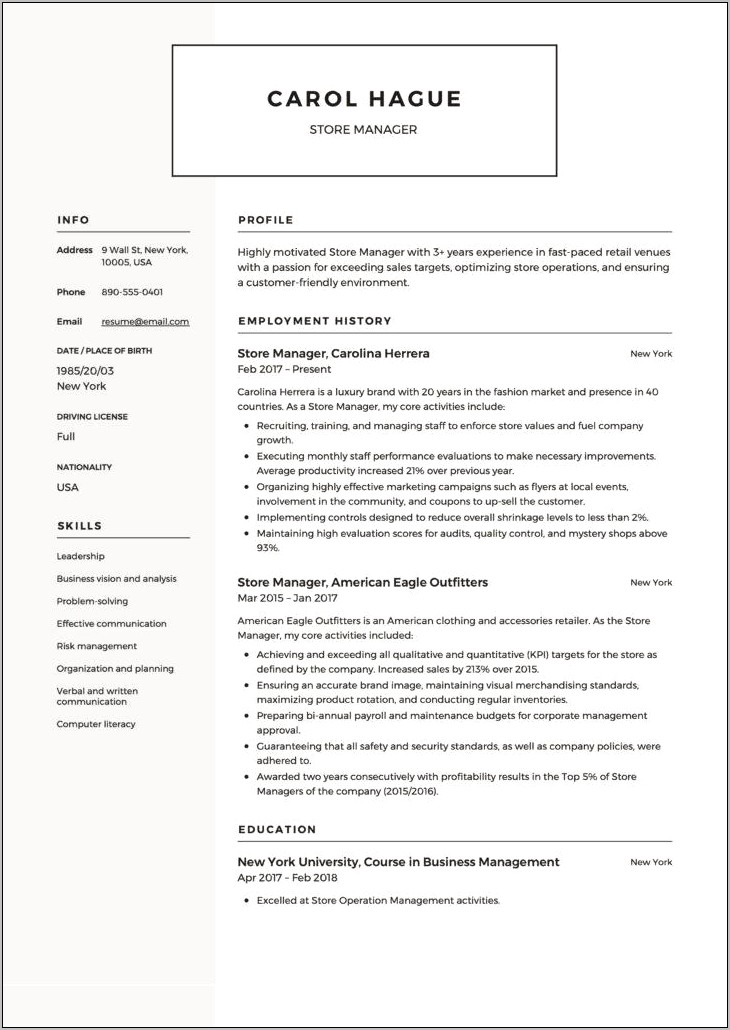 Store Incharge Resume Format Download Word