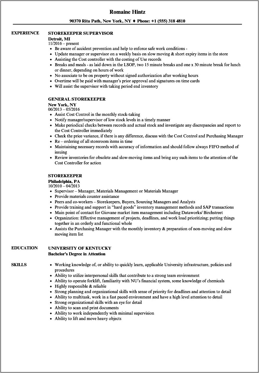 Store Incharge Resume Format In Word