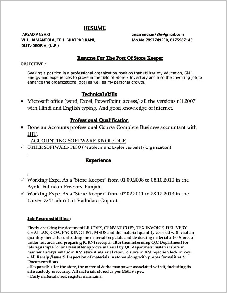 Store Keeper Resume In Word Format Download