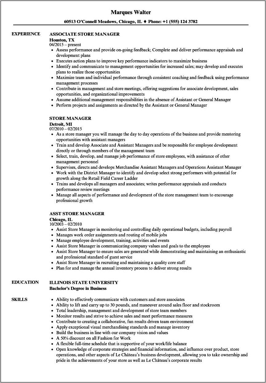 Store Manager For Health Food Store Resume