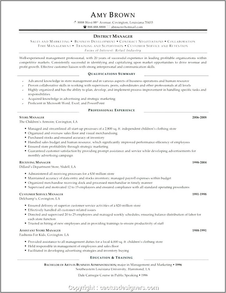 Store Manager To District Manager Resume