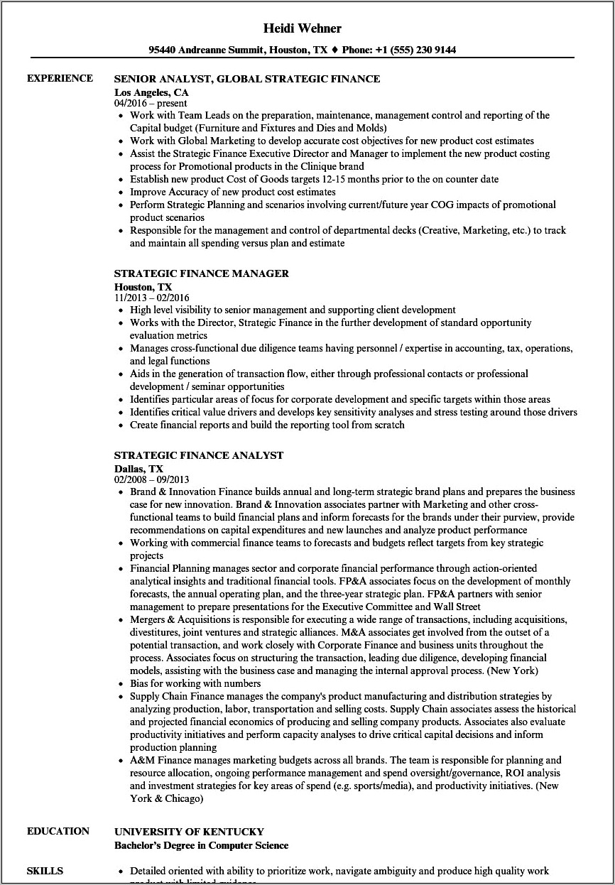 Strategic Business And Financial Planning Objective Resume