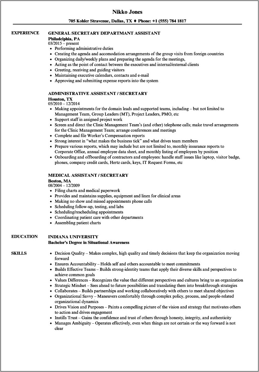 Strong Resume Summary For Secretary Job