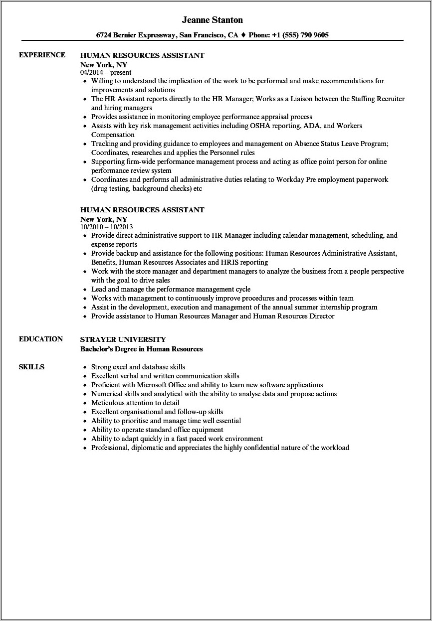 Student Assistant Human Resources Office Description Resume