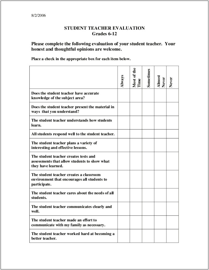 Student Feedback Form Template Free Download