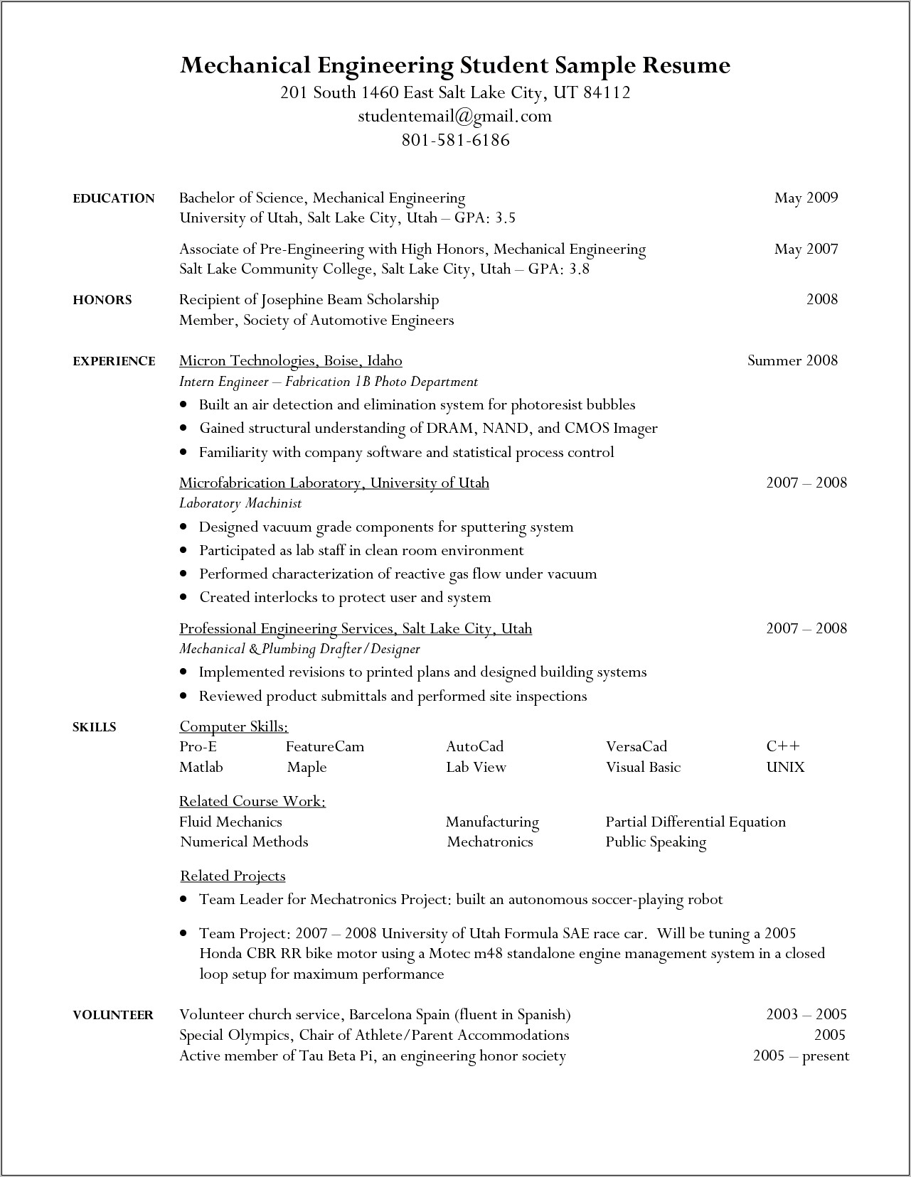 Student Resume Objective Examples For Engineering