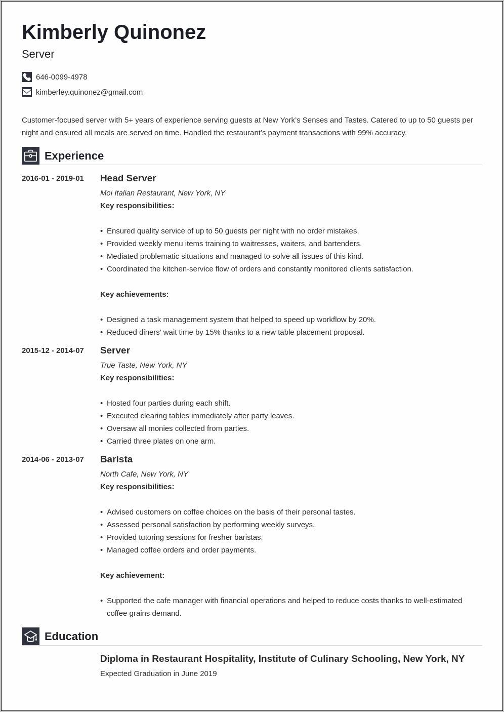 Student Resume Objective Examples For Waitress