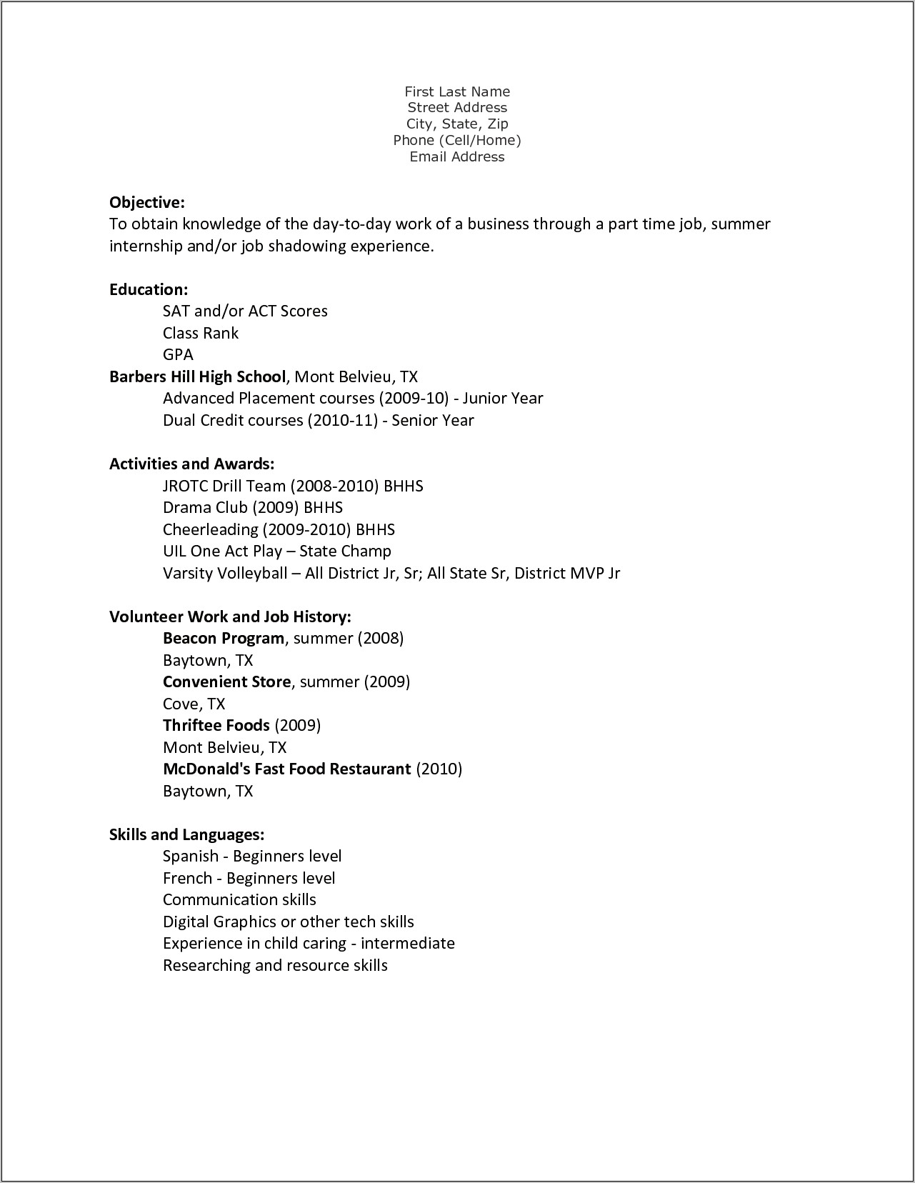 Student Resume Template First Day Of School