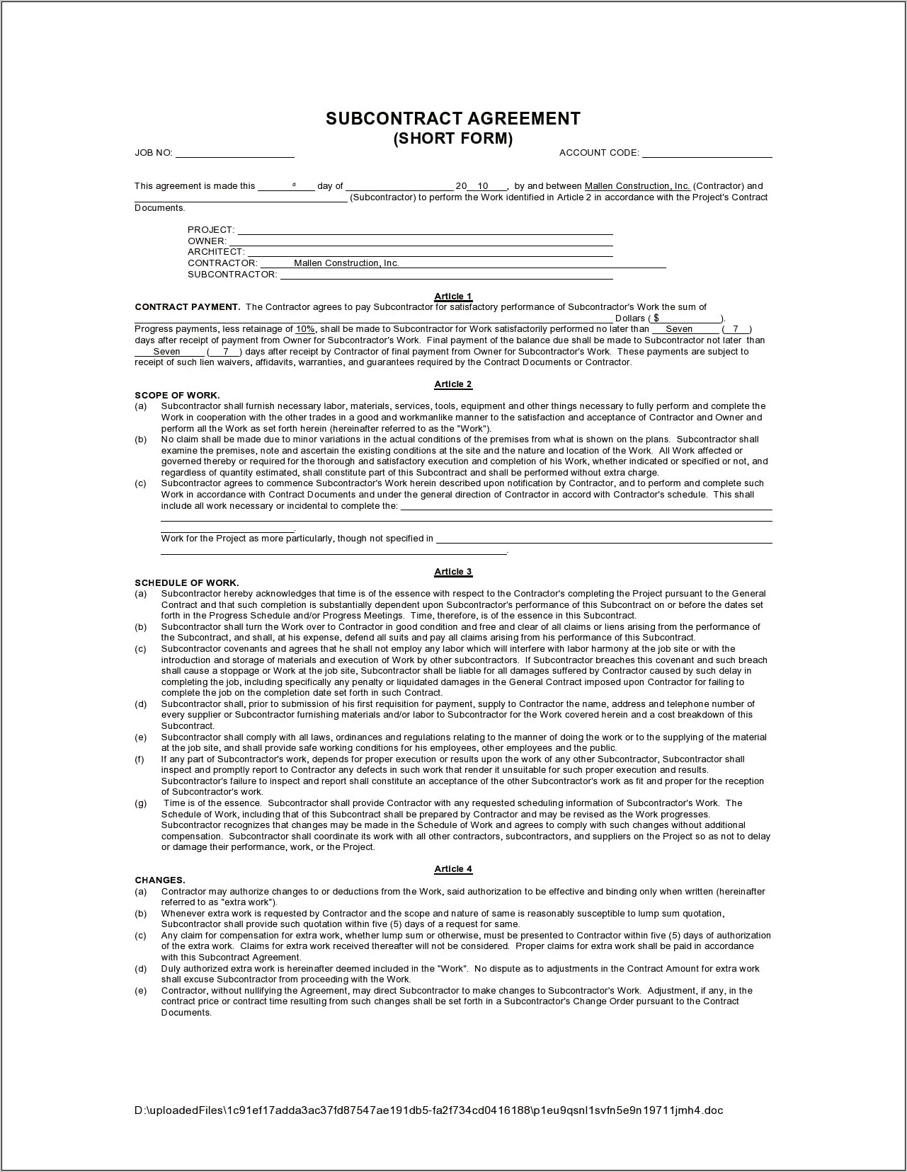 Sub Contracting Resume Writers Contract Template