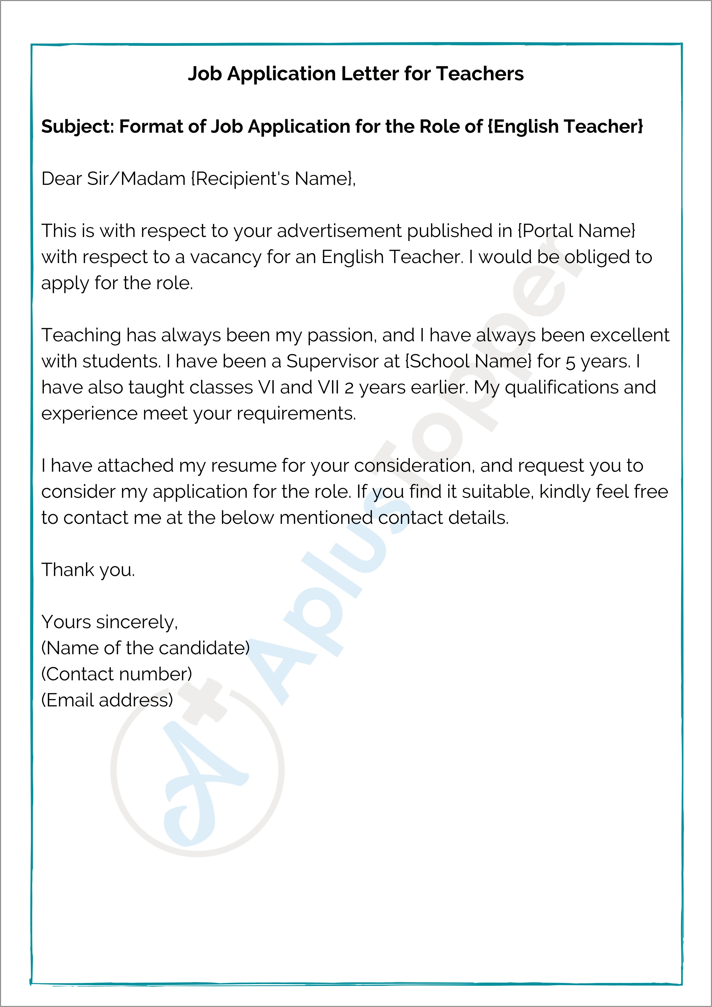 Subject For Sending Resume For Teacher Job