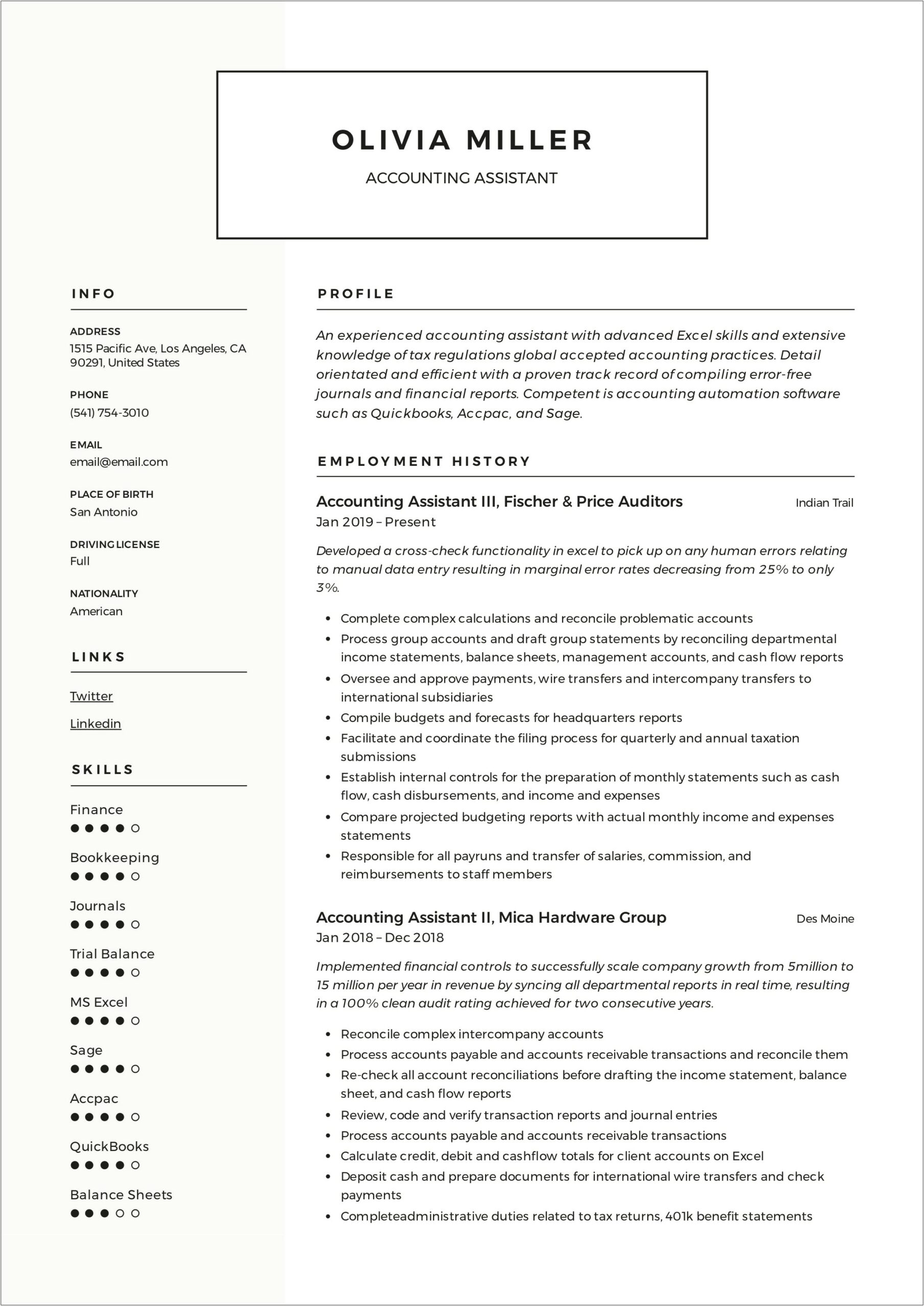 Summary On Resume For Accounting Assistant