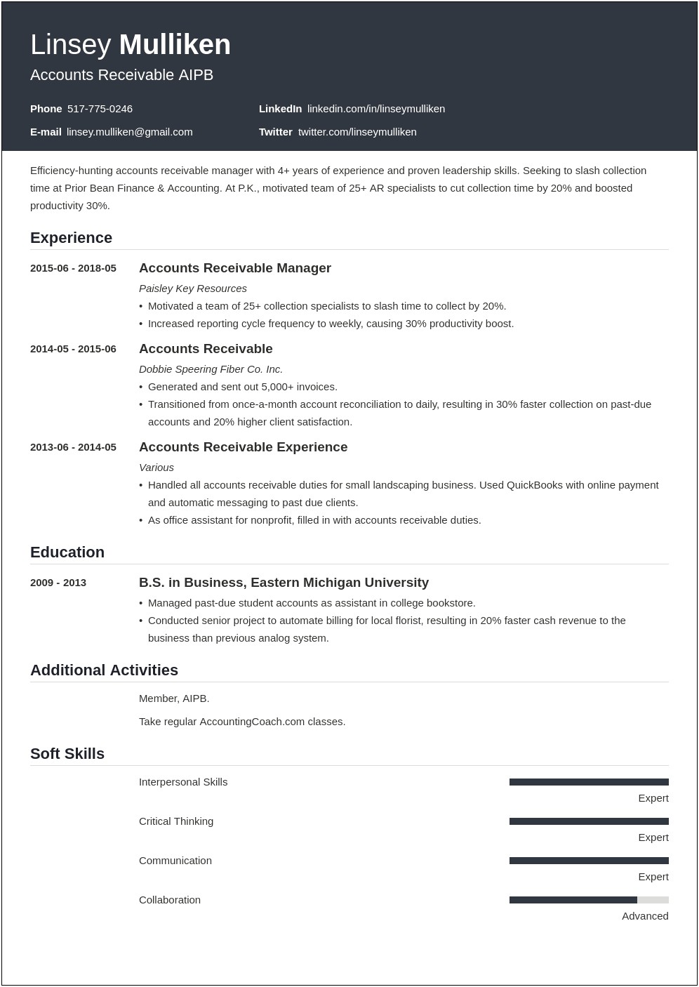 Summary On Resume For Accounts Receivable