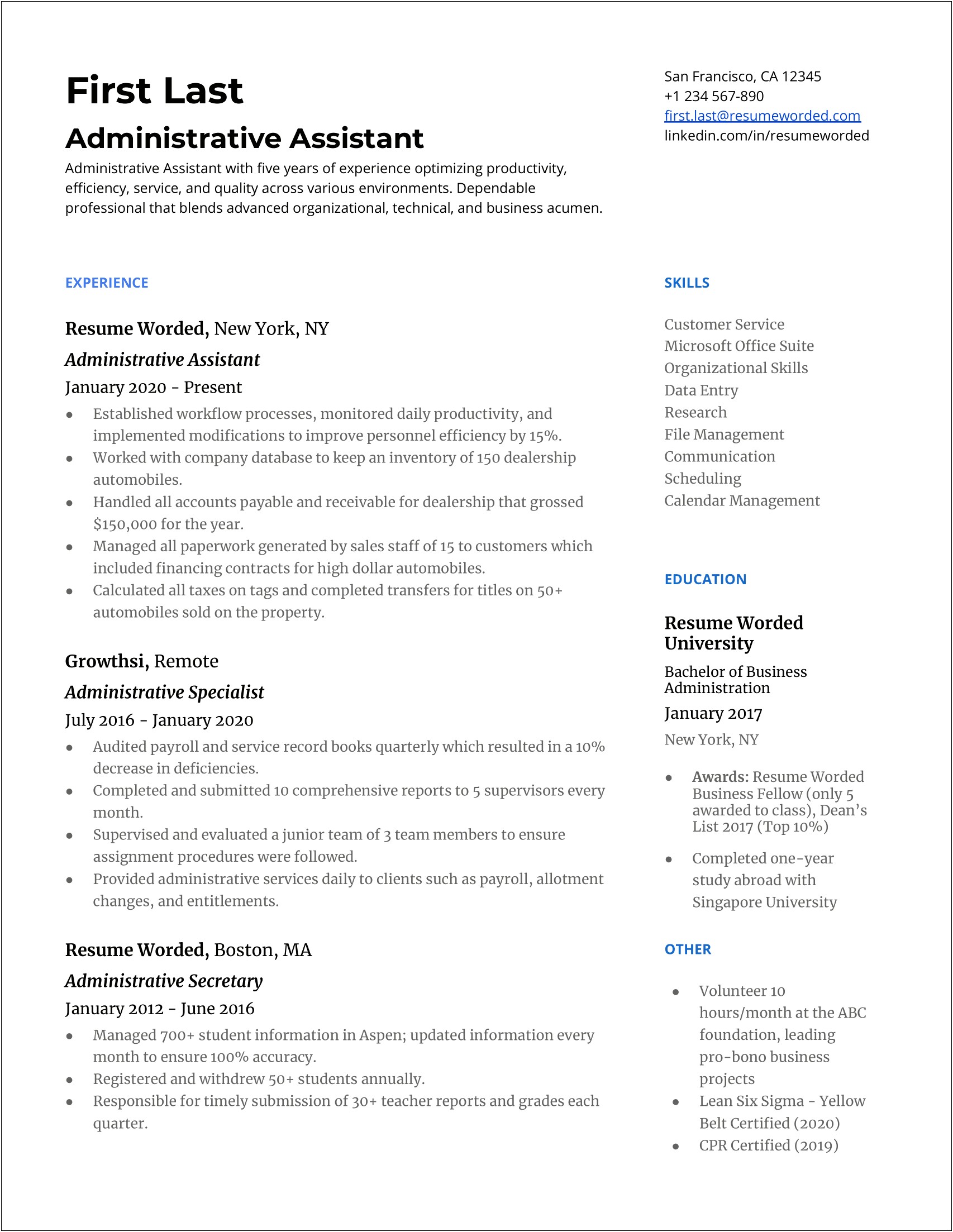 Summary On Resume For Business Administration