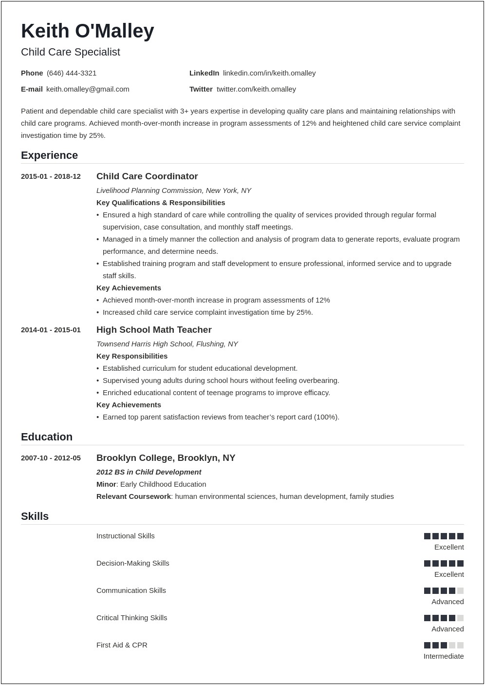 Summary On Resume For Childcare Worker