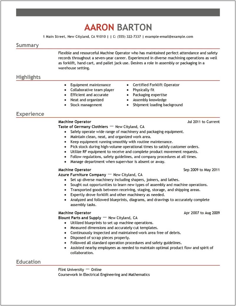 Summary On Resume For Manufacturing Operators