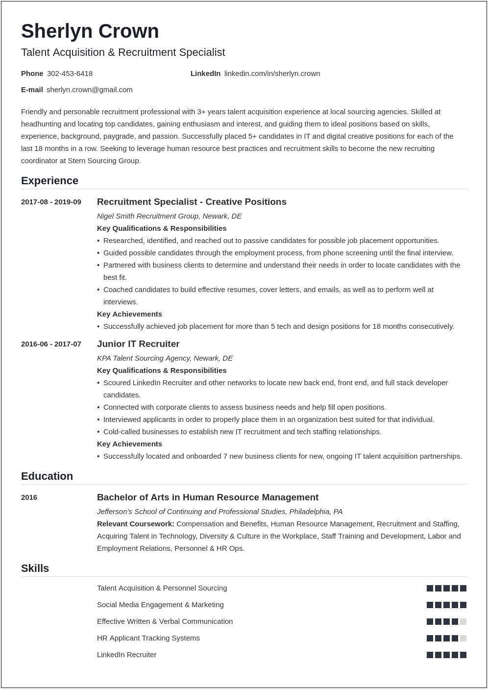 Summary Resume Examples For Experianced Recuiter