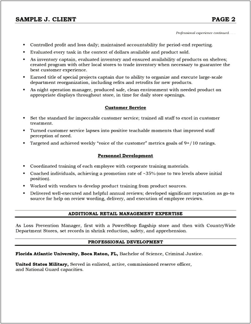 Summary Resume For A Retail Store