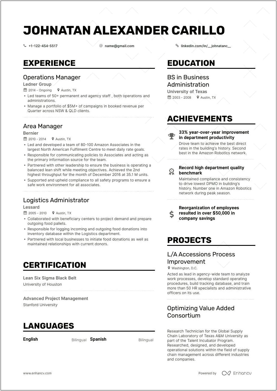 Summary Section Of Resume Operations Manager