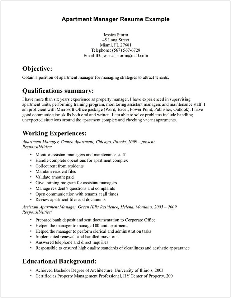 Summary Statement For Property Management Resume