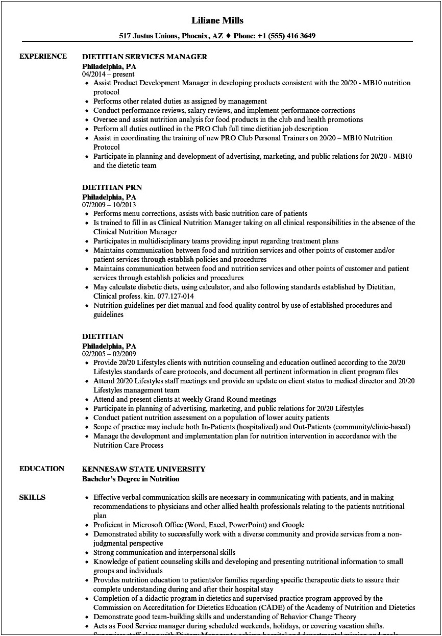 Summary Statements For A Dietitians Resume