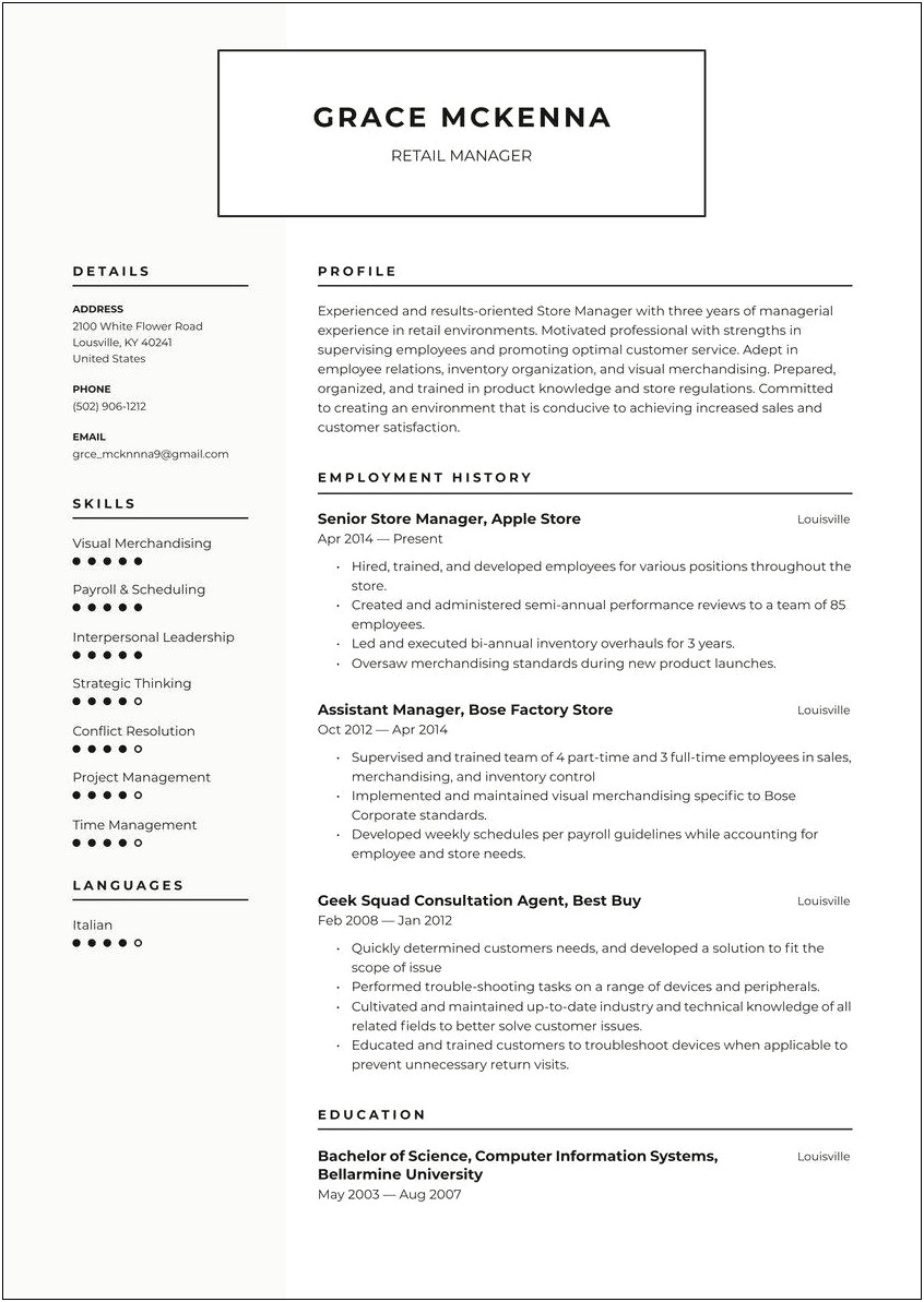 Supervisory Job Retail List For Resume