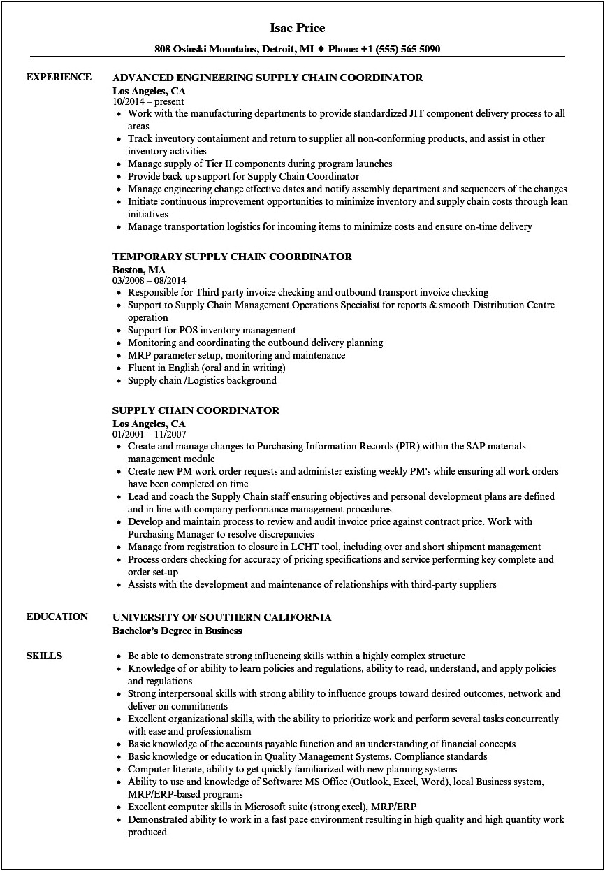 Supply Chain Job Description For Resume