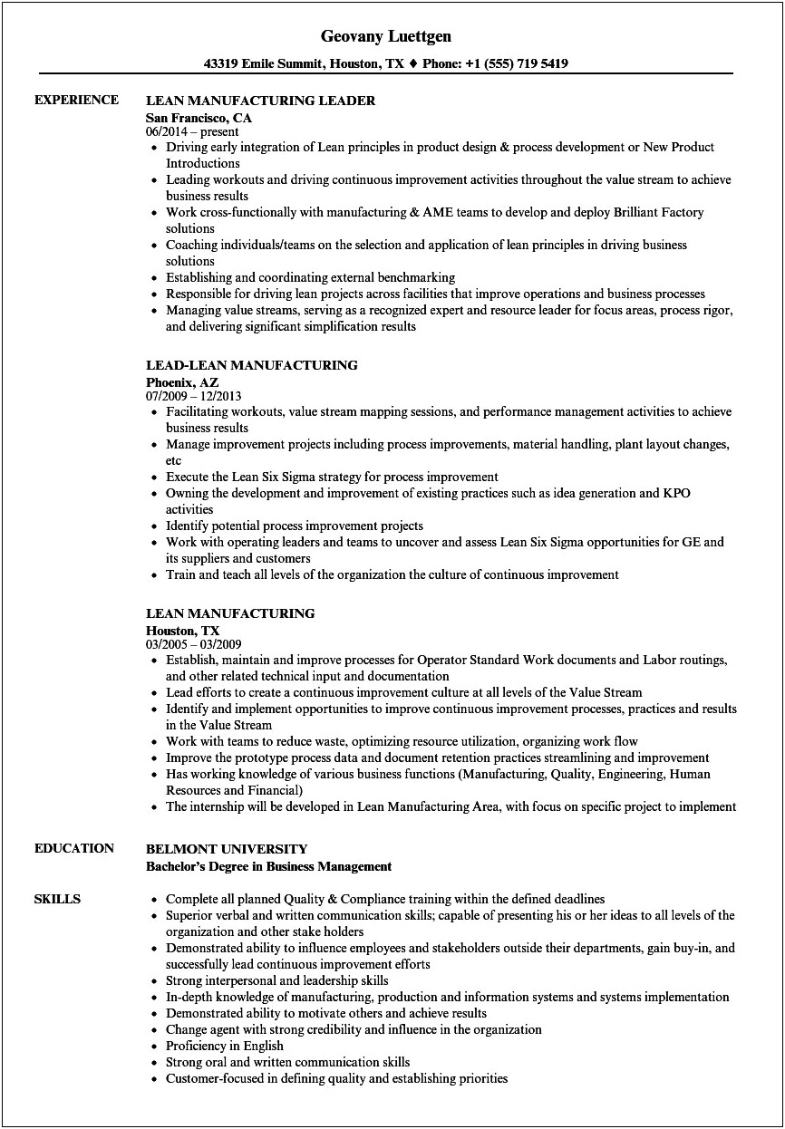 Supply Chain Lean Six Sigma Resume Example