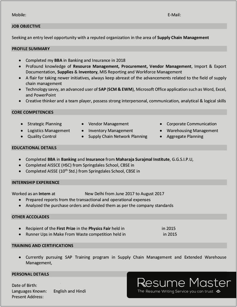 Supply Chain Management Resume For Freshers
