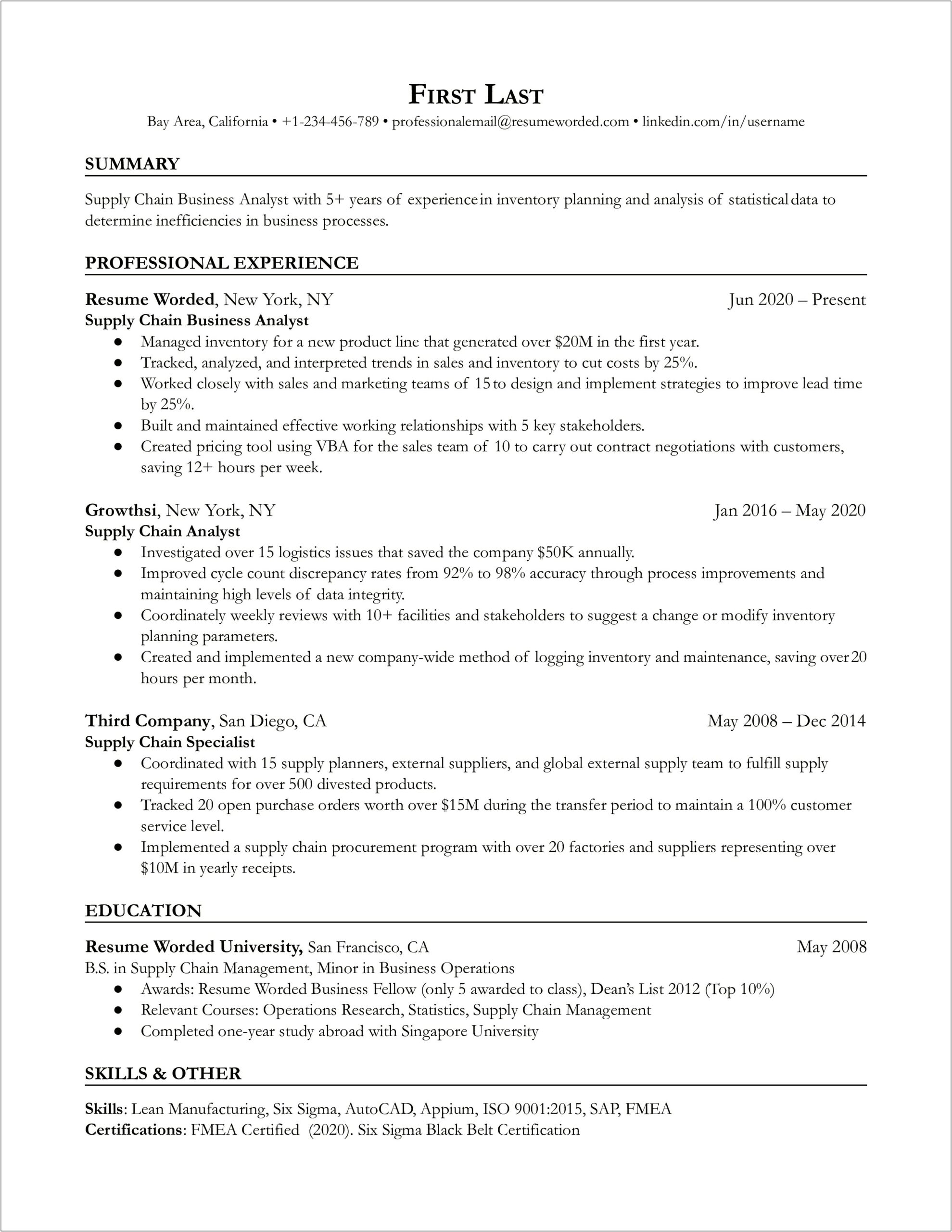 Supply Chain Management Resume On A Business