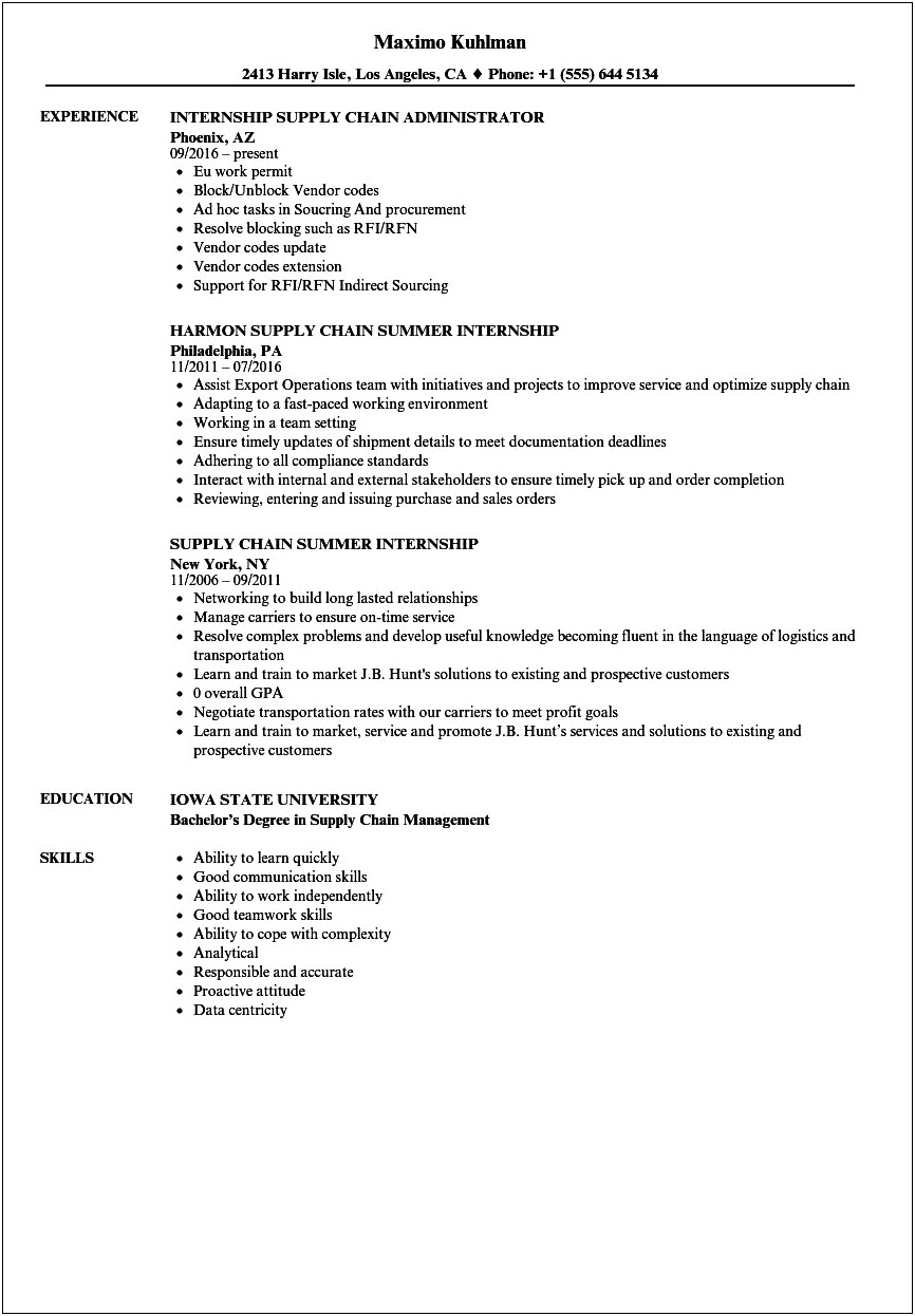 Supply Chain Management Sample Resume For Students