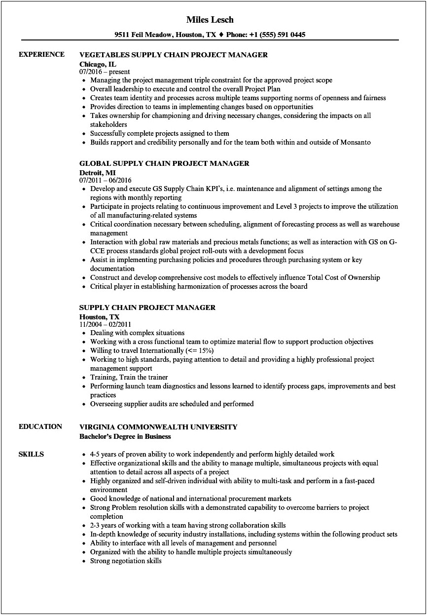 Supply Chain Project Manager Resume Sample
