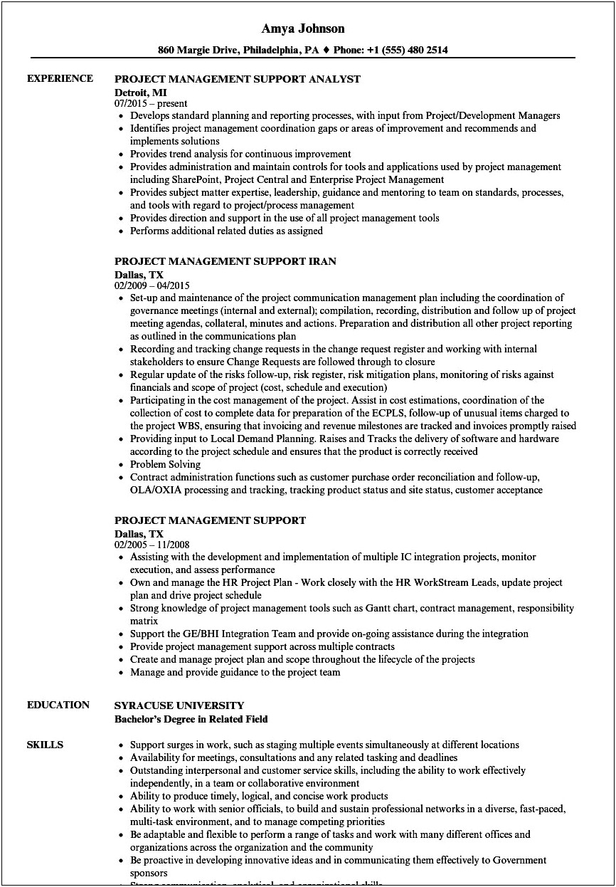 Support Service Specialist Project Manager Resume Irs