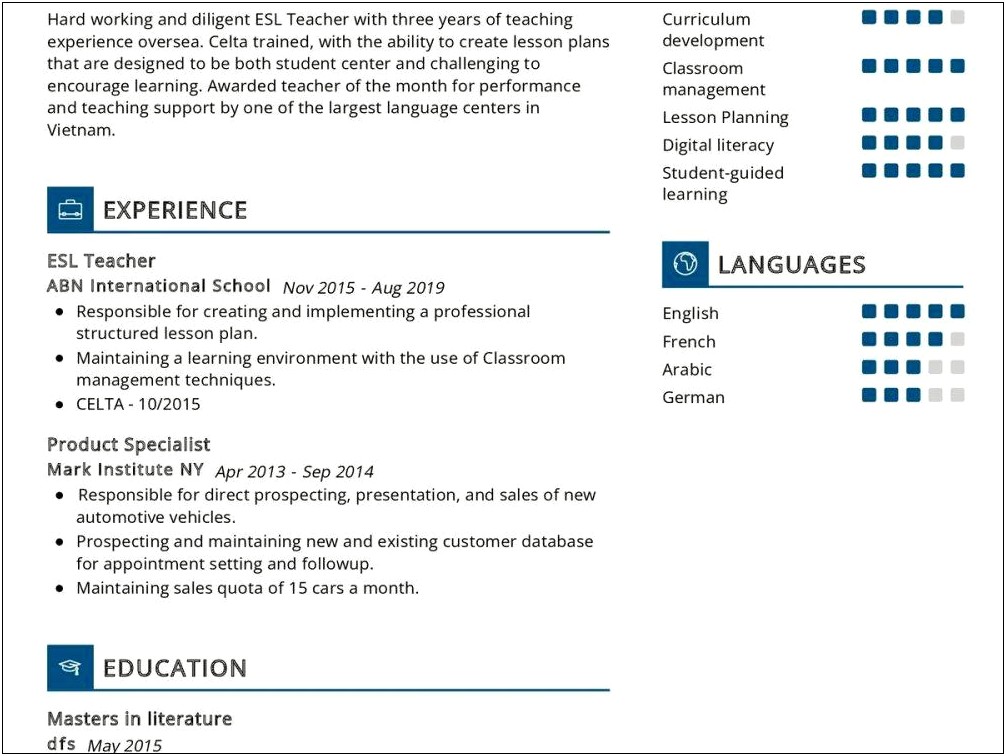 Supporting Esl Students Skill On Resume
