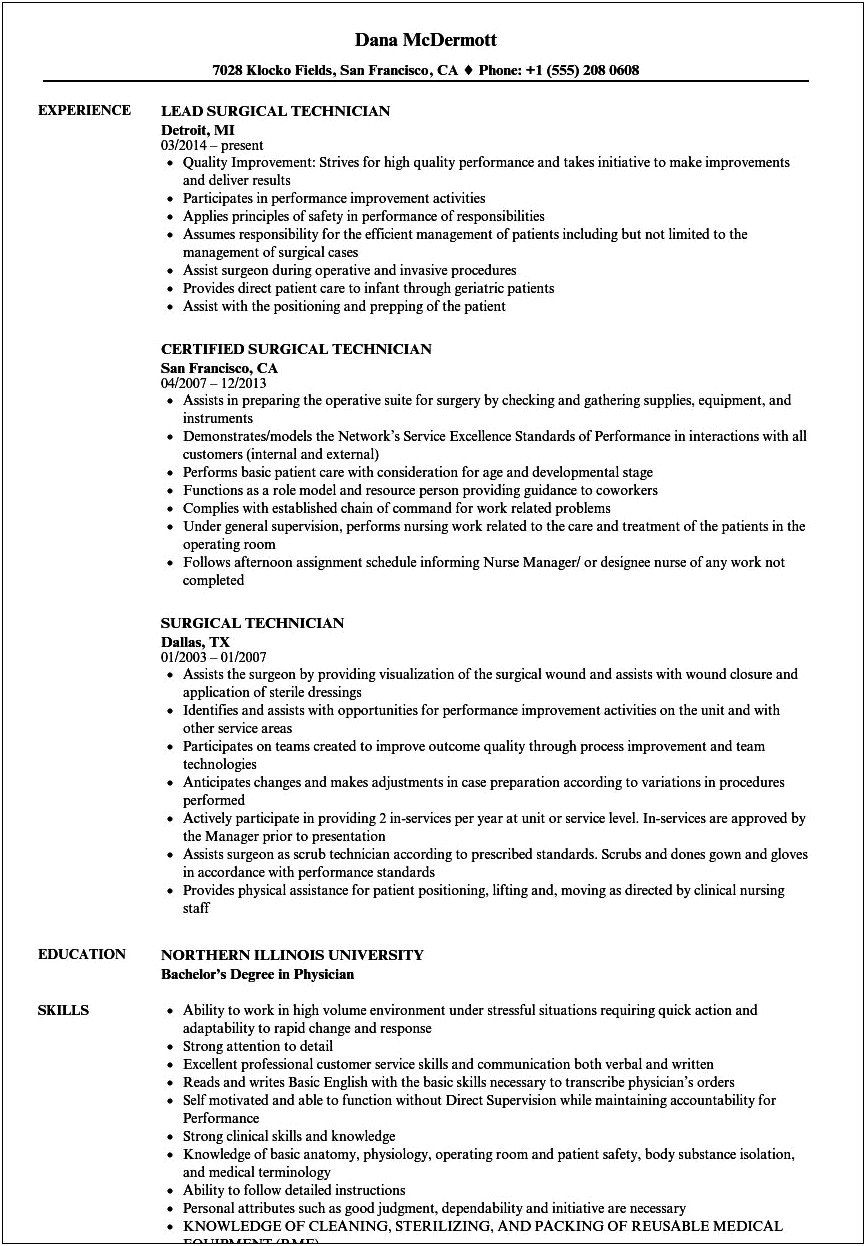 Surgical Tech Work Experience On Resume