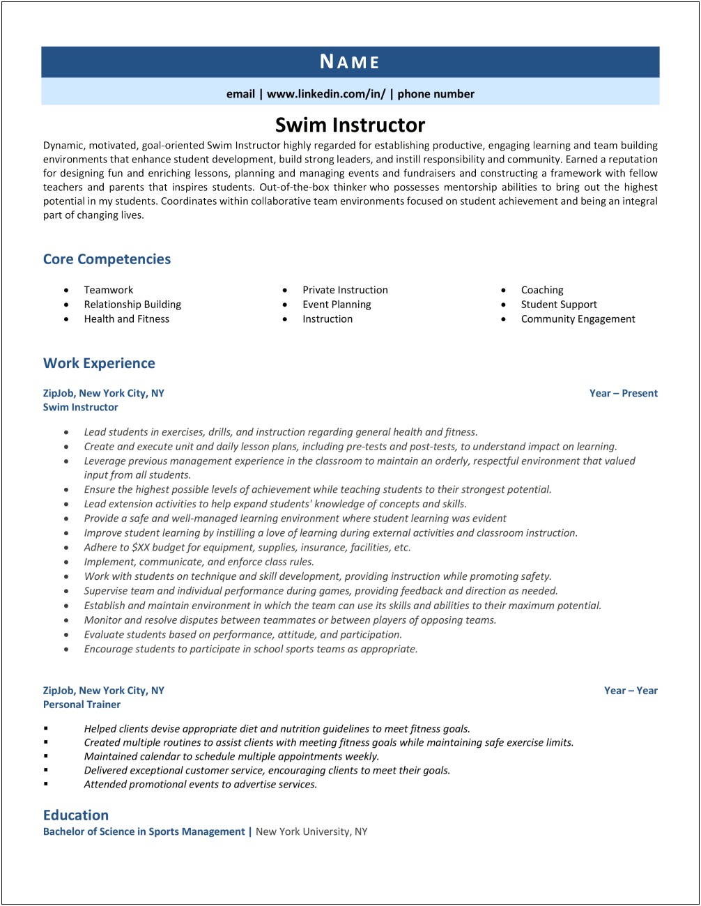 Swim Instructor Job Description For Resume