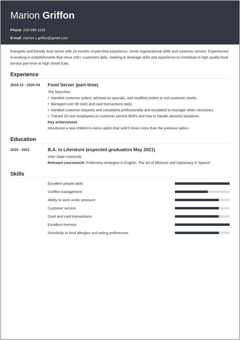 Switching Form College To Second Job Resume