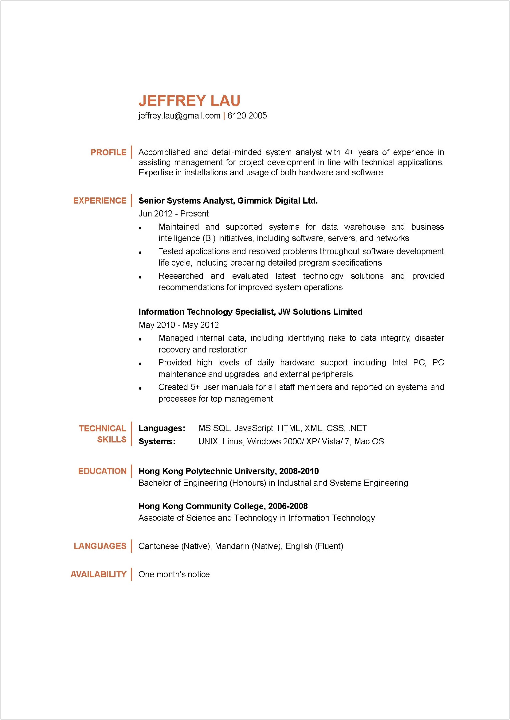 System Analyst Resume 2 Years Experience
