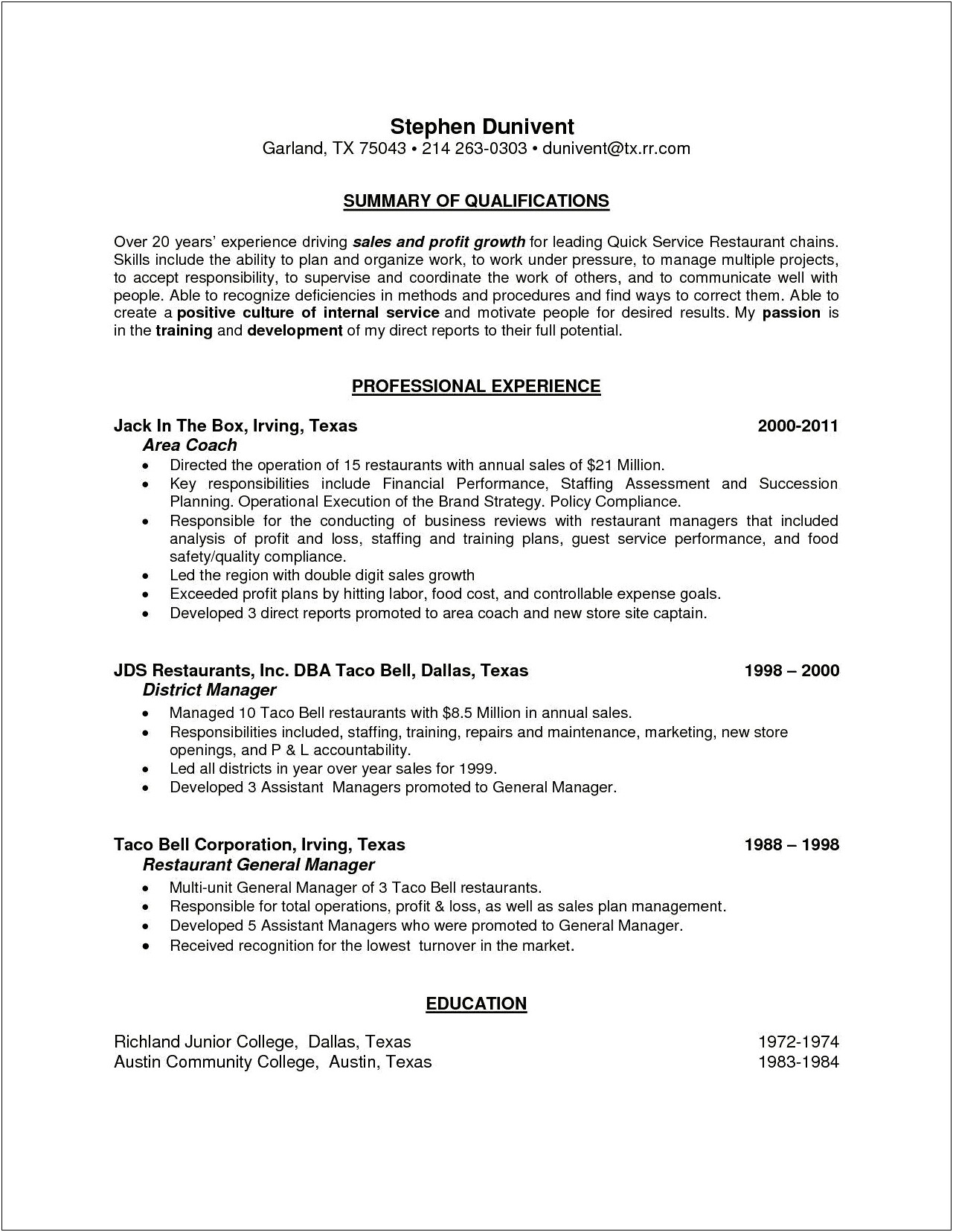 Taco Bell Assistant Manager Job Skills For Resume