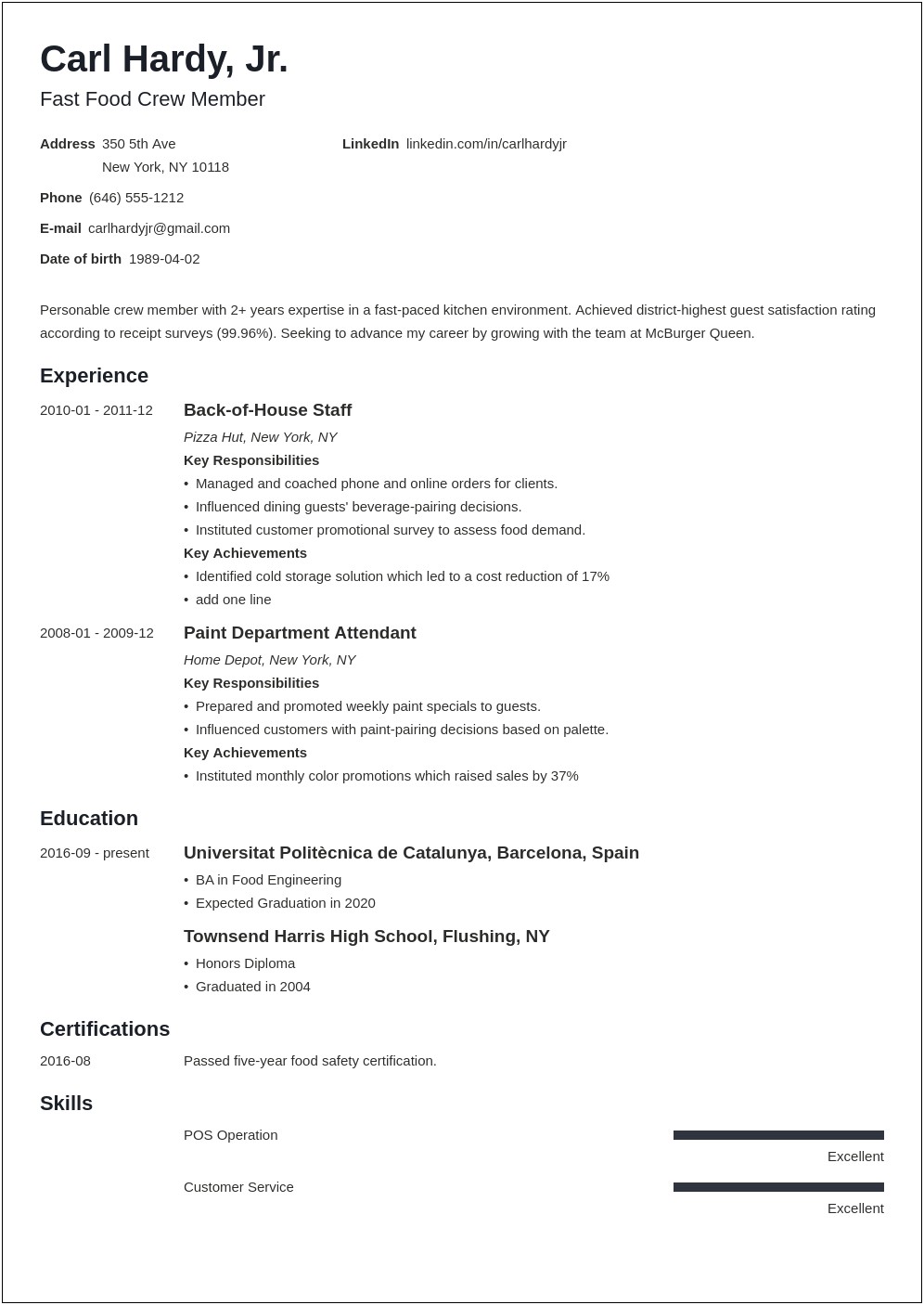 Taco Bell Team Member Job Description For Resume