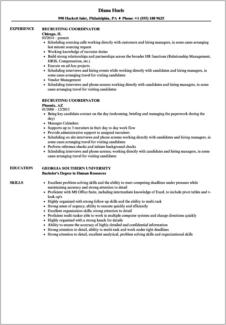 Talent Acquisition Coordinator Resume Sample One Page