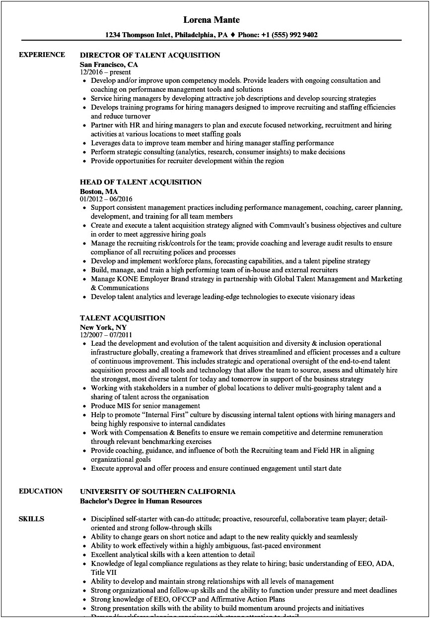 Talent Aquistion Manager Resume With Accumplishments