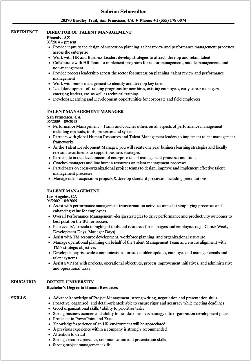 Talent Manager Resume Summary Statement Examples