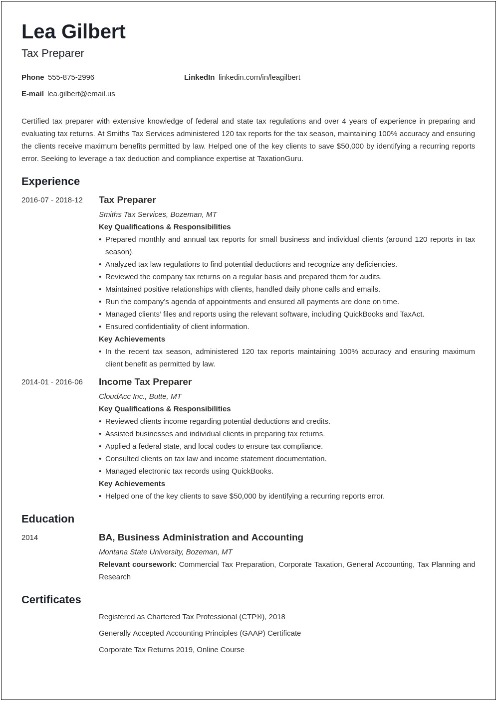 Tax Specialist Job Description For Resume