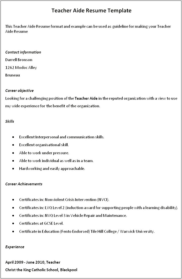 Teacher Aide Resume And Cover Letter
